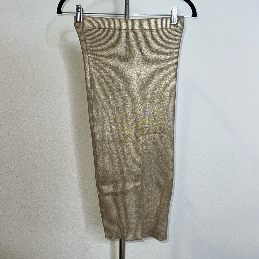 Hera Collection Ribbed Knit Metallic Gold Pencil Skirt